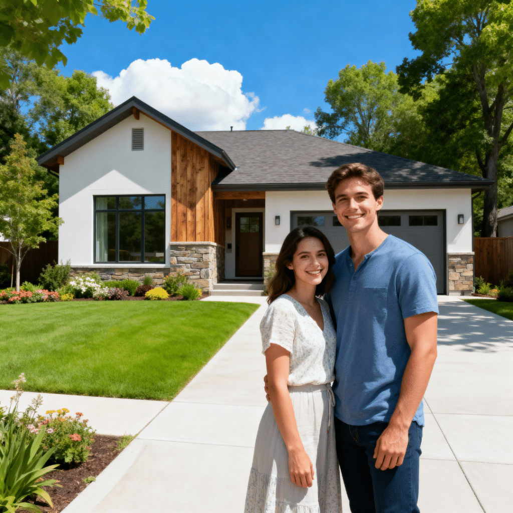 A happy young couple stands outside their modern small prefab home with a garage in sunny Aurora, Ontario.