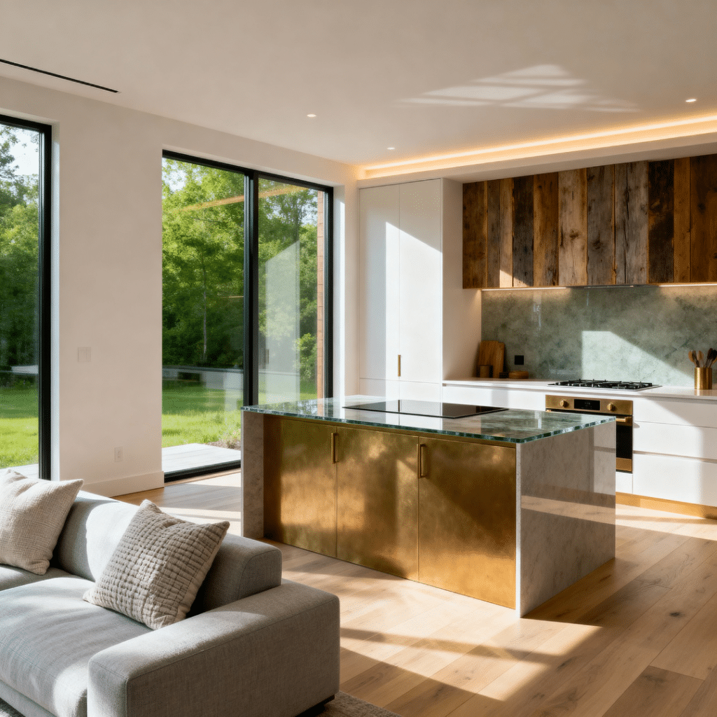 A bright, modern small prefab home interior in Aurora, Ontario with floor-to-ceiling windows and elegant sustainable design.