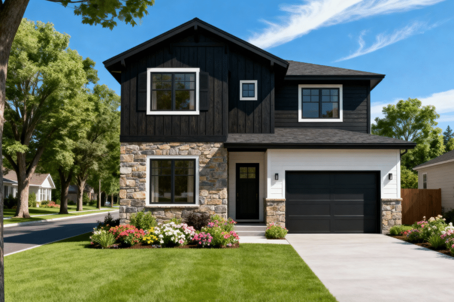 A beautiful modern small prefab home in Aurora, Ontario with garage, luxury finishes, and clear summer skies above.