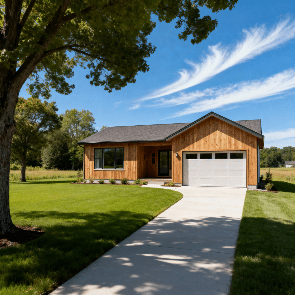 A beautiful rustic small prefab home with a garage by My Own Cottage in rural Aurora, Ontario, on a bright summer day.