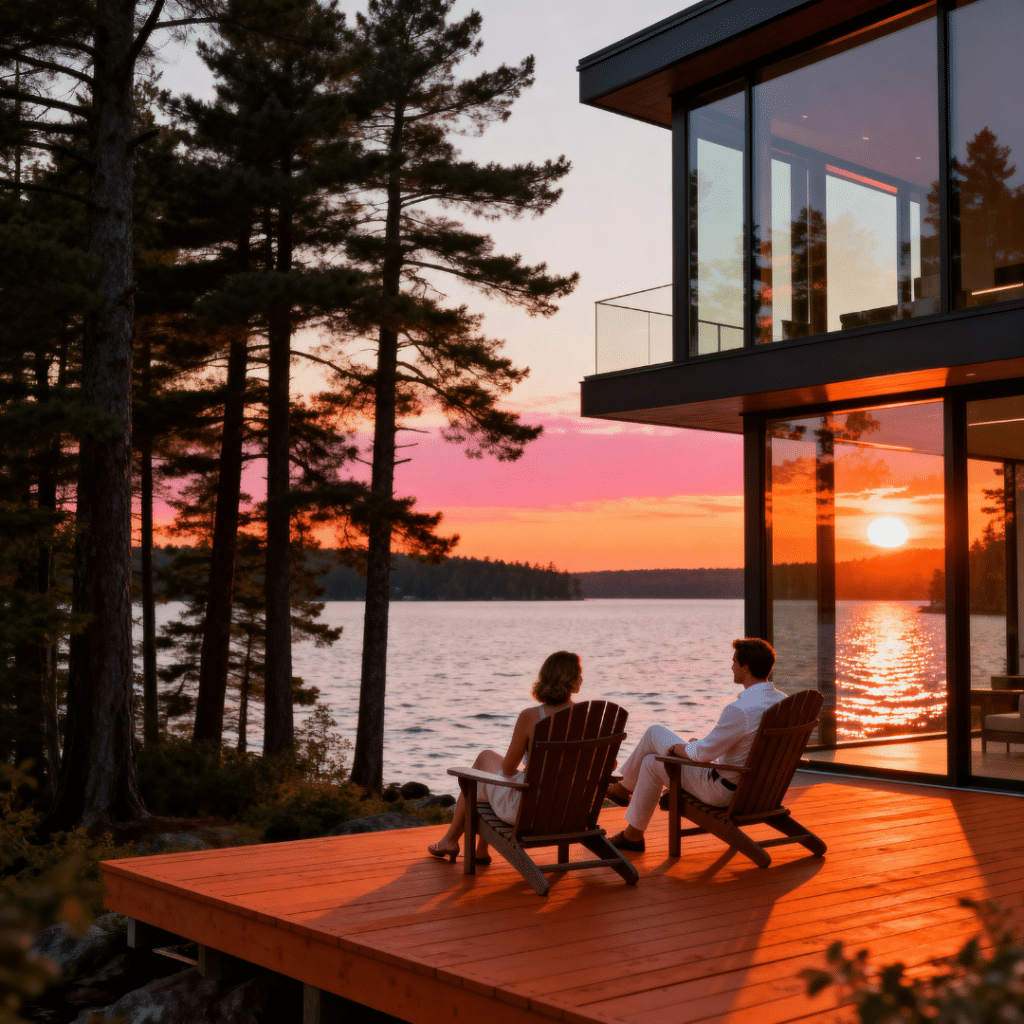 Modern luxury small prefab home with floor-to-ceiling glass windows by My Own Cottage in Gravenhurst, Ontario, overlooking Lake Muskoka at sunset with a couple relaxing on the deck.