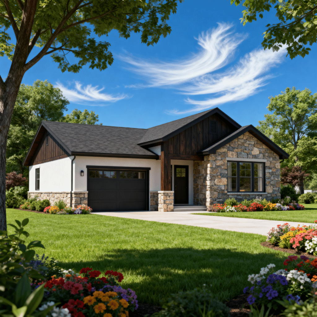 Modern small prefab home with a garage by My Own Cottage, set in a peaceful springtime Gravenhurst, Ontario landscape under clear blue skies and wisps of white cloud.