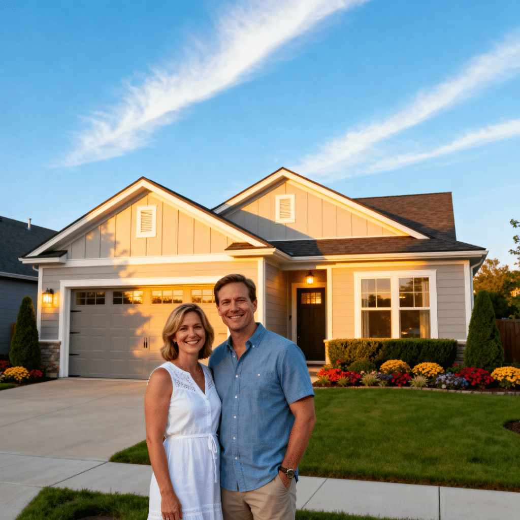 Happy homeowners stand smiling in front of their modern small prefab home with a garage by My Own Cottage, set in a peaceful rural Gravenhurst, Ontario landscape under bright summer skies.