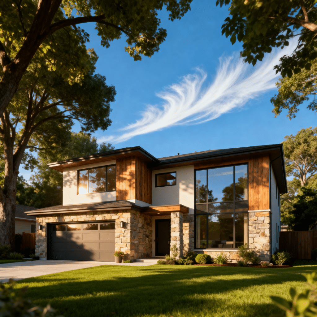 Stylish small rustic-modern prefab home with a garage by My Own Cottage, set in a peaceful suburban Gravenhurst, Ontario neighborhood under bright summer skies.
