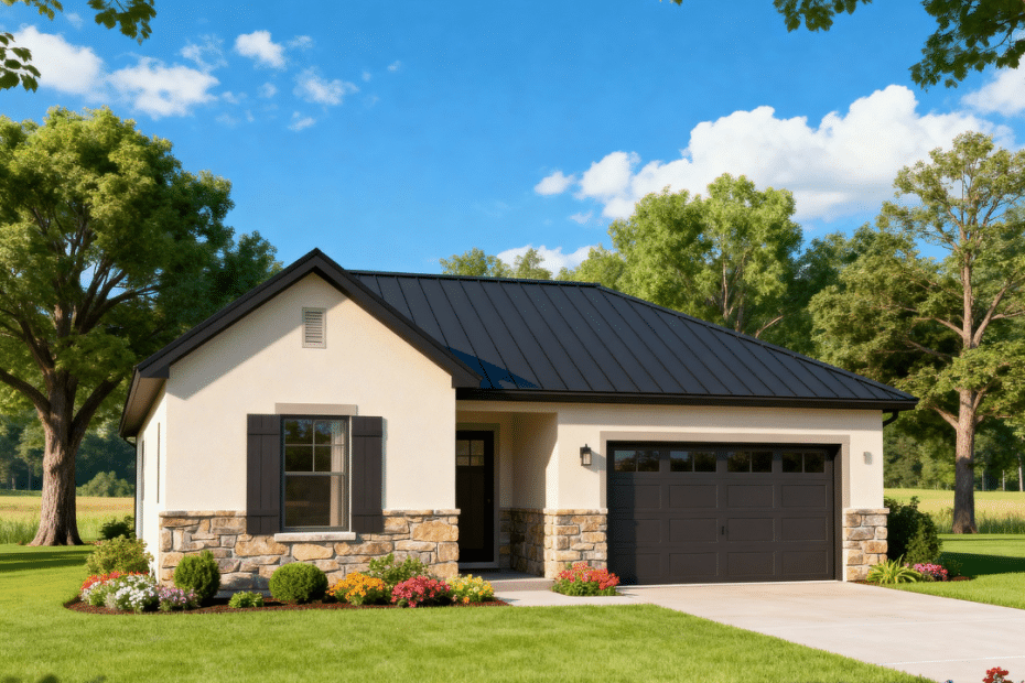 Modern small prefab home in Innisfil, Ontario with garage — energy-efficient, affordable design by My Own Cottage.
