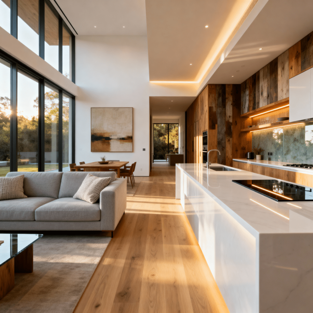Bright modern interior of a small prefab home in Innisfil Ontario — luxury sustainable design with Scandinavian style