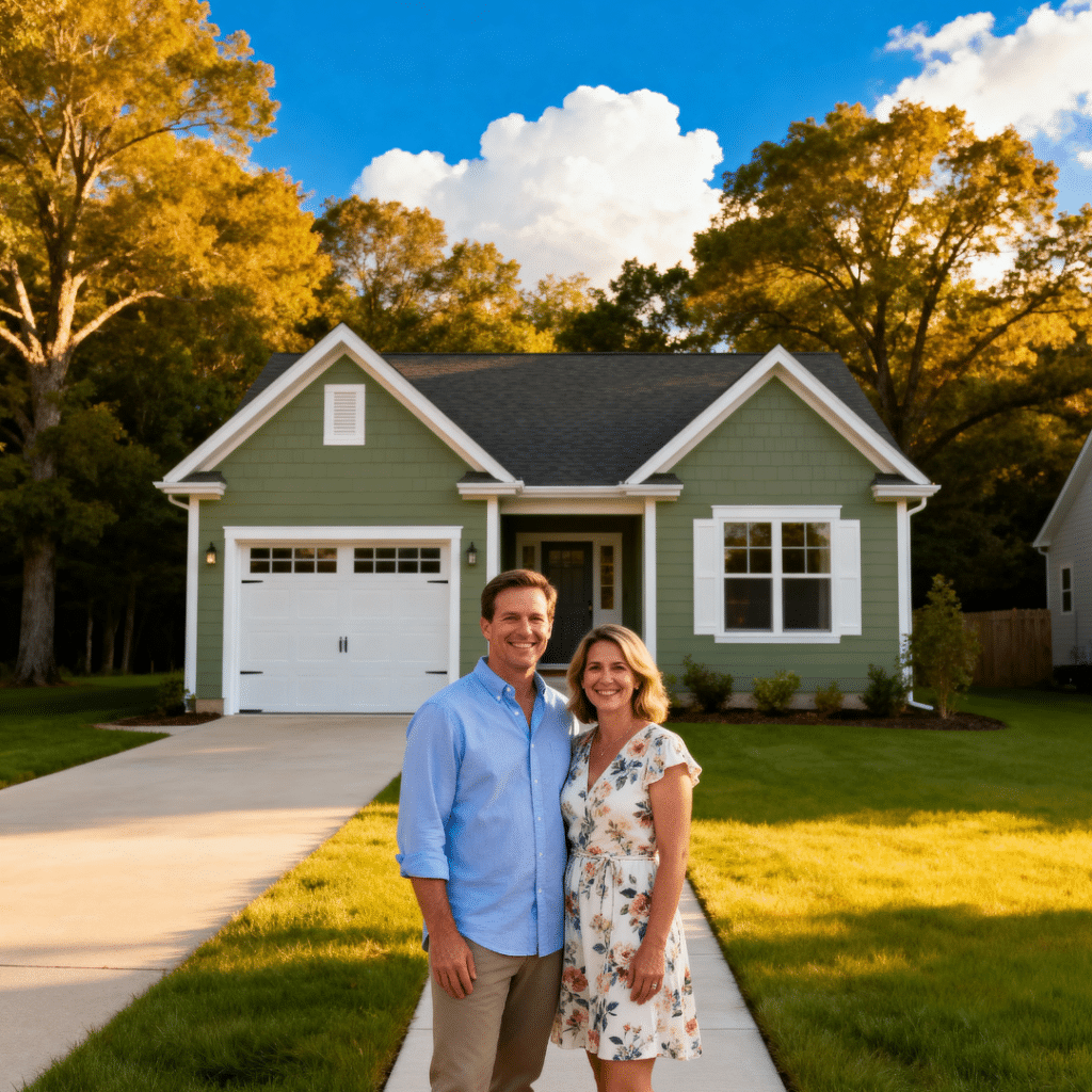 Happy homeowners in front of small prefab home in Innisfil Ontario — affordable, luxury design by My Own Cottage