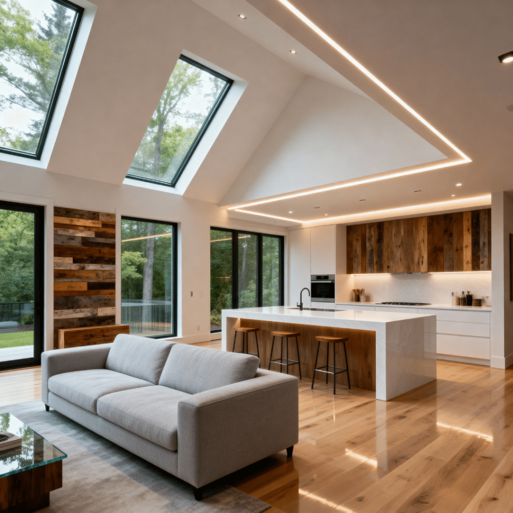 Bright, modern interior of a small prefab home in Gravenhurst, Ontario by My Own Cottage, featuring vaulted ceilings, floor-to-ceiling windows, and sustainable Scandinavian-inspired design.