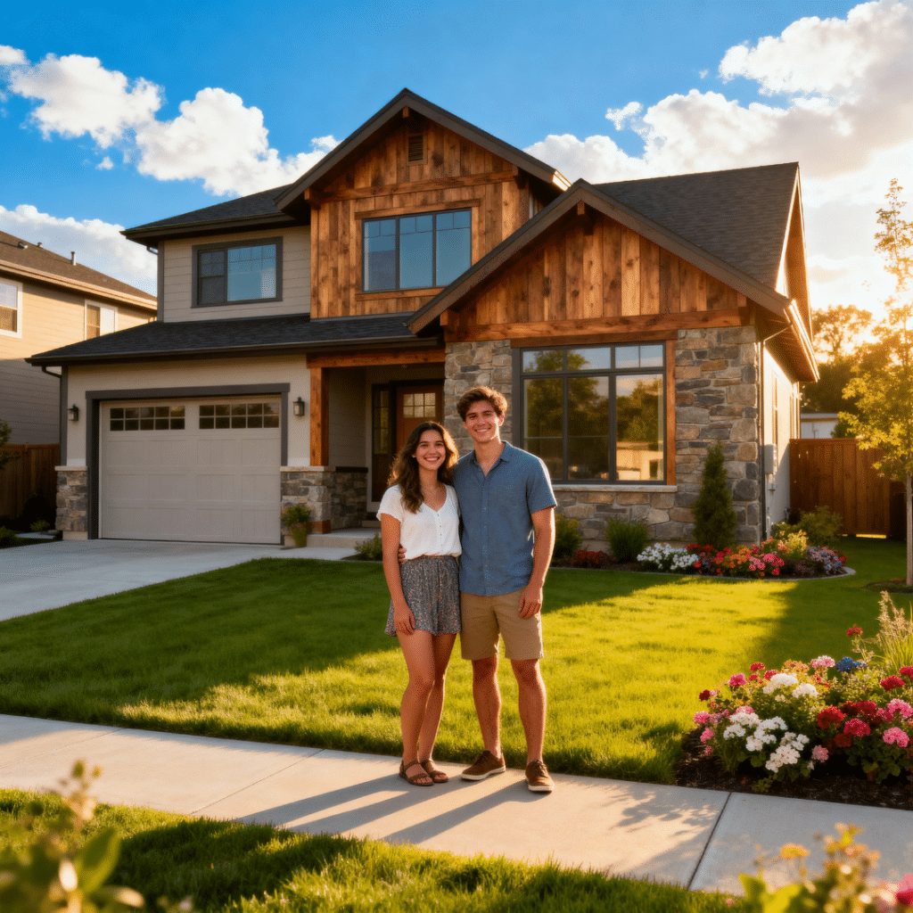 Happy couple standing outside their modern small prefab home with garage in Newmarket Ontario built by My Own Cottage.