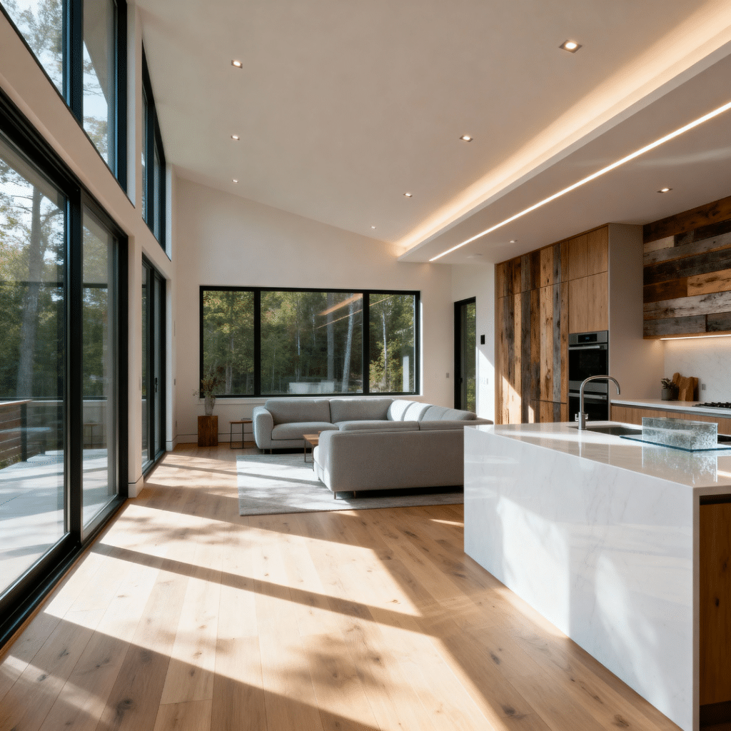 Bright modern prefab home interior in Newmarket Ontario by My Own Cottage with open layout, wood floors, and large windows.