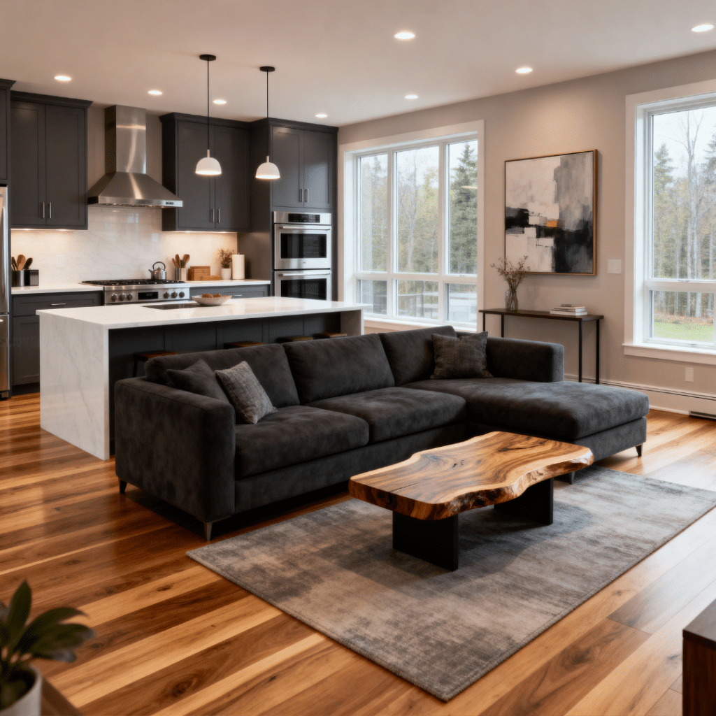 Stylish interior of a small prefab home in Scugog Ontario with modern finishes, open-concept living, and cozy downsized design.