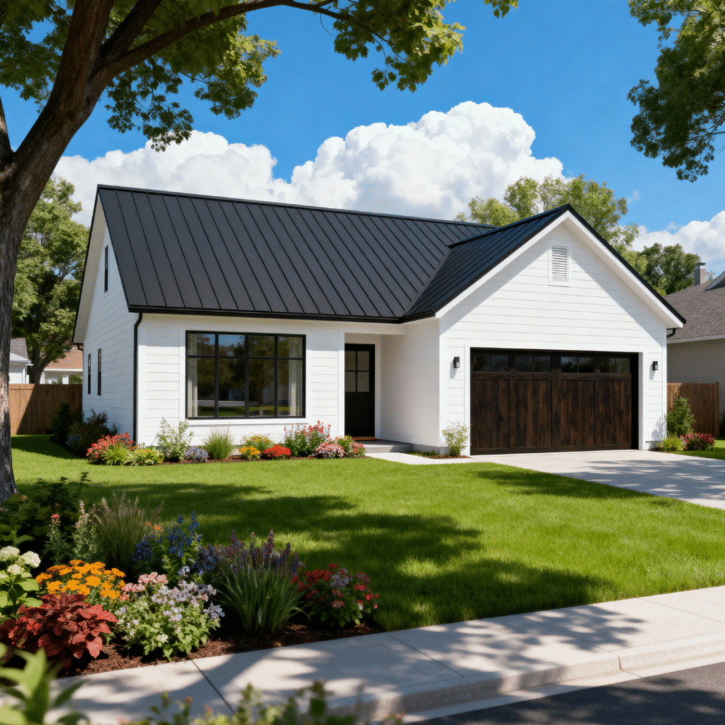 Small white prefab home with garage in suburban Newmarket, Ontario — built by My Own Cottage under clear summer skies.