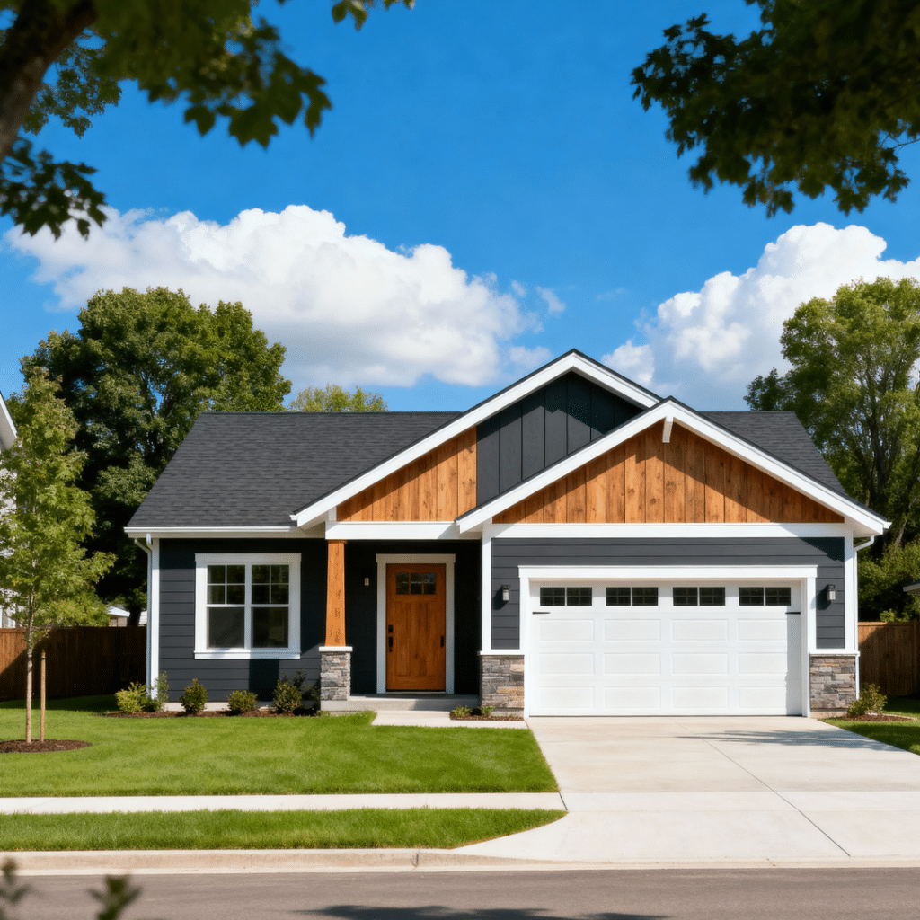 Charming small rustic prefab home with garage built by My Own Cottage in Newmarket, Ontario — surrounded by summer landscaping, sunshine, and mature trees.