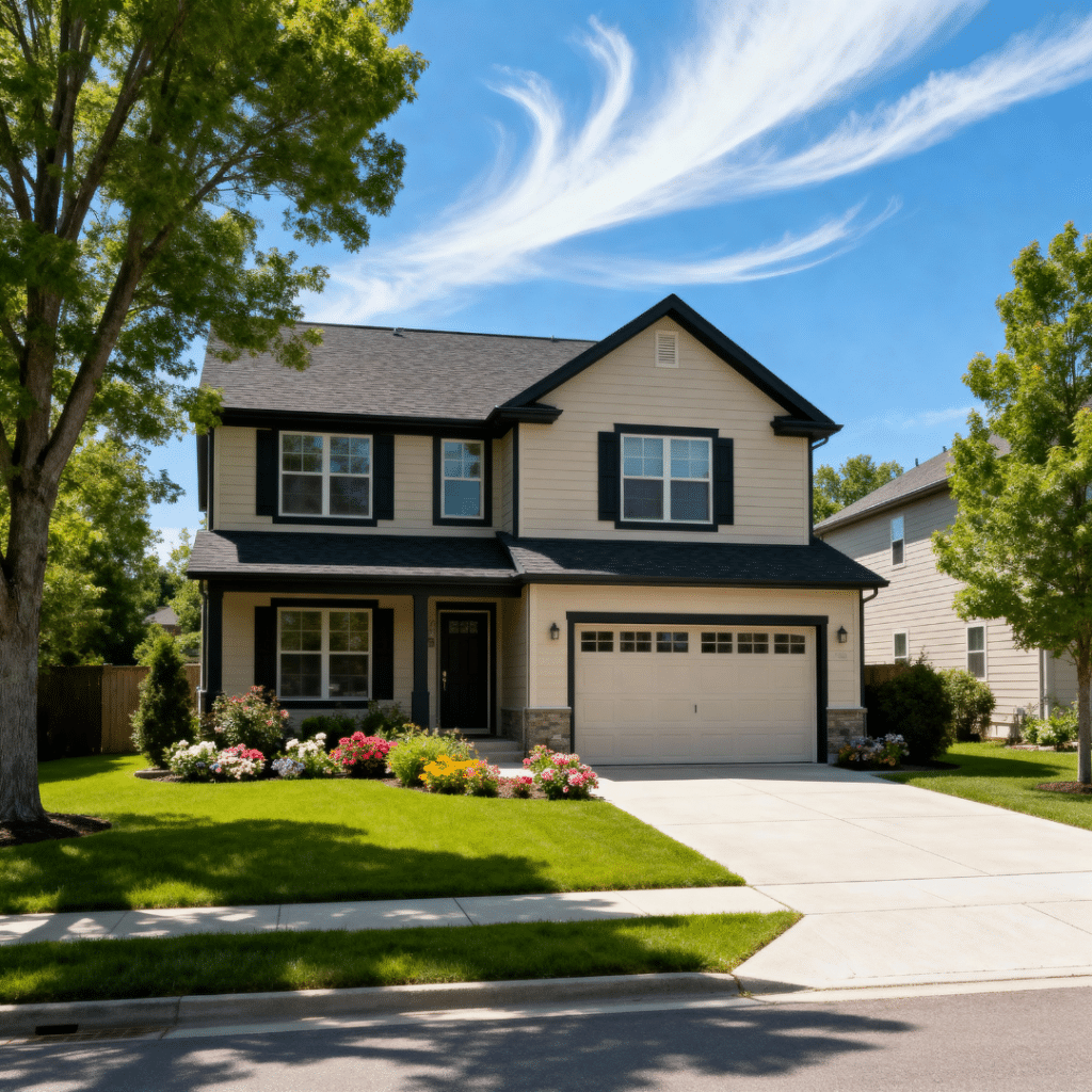 Stylish suburban prefab home with garage for sale in Scugog, Ontario by My Own Cottage – 2025 model under clear blue skies.