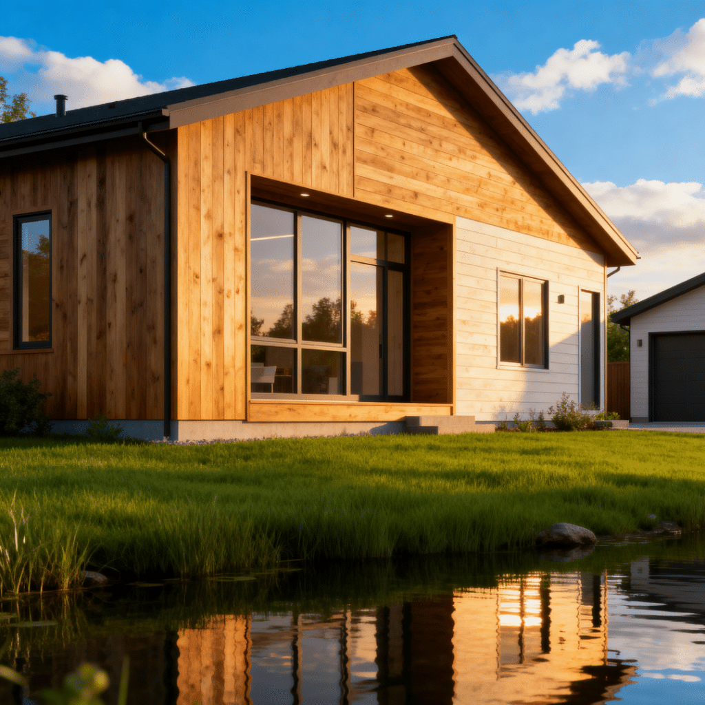 The Birchview prefab home by My Own Cottage in Scugog, Ontario — a beautiful 1,200 sq. ft. waterfront modular house with rustic cedar siding, 3 bedrooms, 2 baths, and a garage, shown in bright natural daylight.
