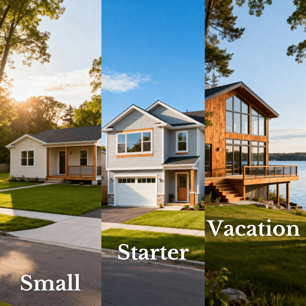 Three types of prefab homes in Scugog, Ontario — a small 700 sq. ft. bungalow, a 1,200 sq. ft. modular family home with a garage, and a cedar-clad seasonal cottage near Lake Scugog — shown side by side under bright Ontario skies to highlight affordable modern housing options.