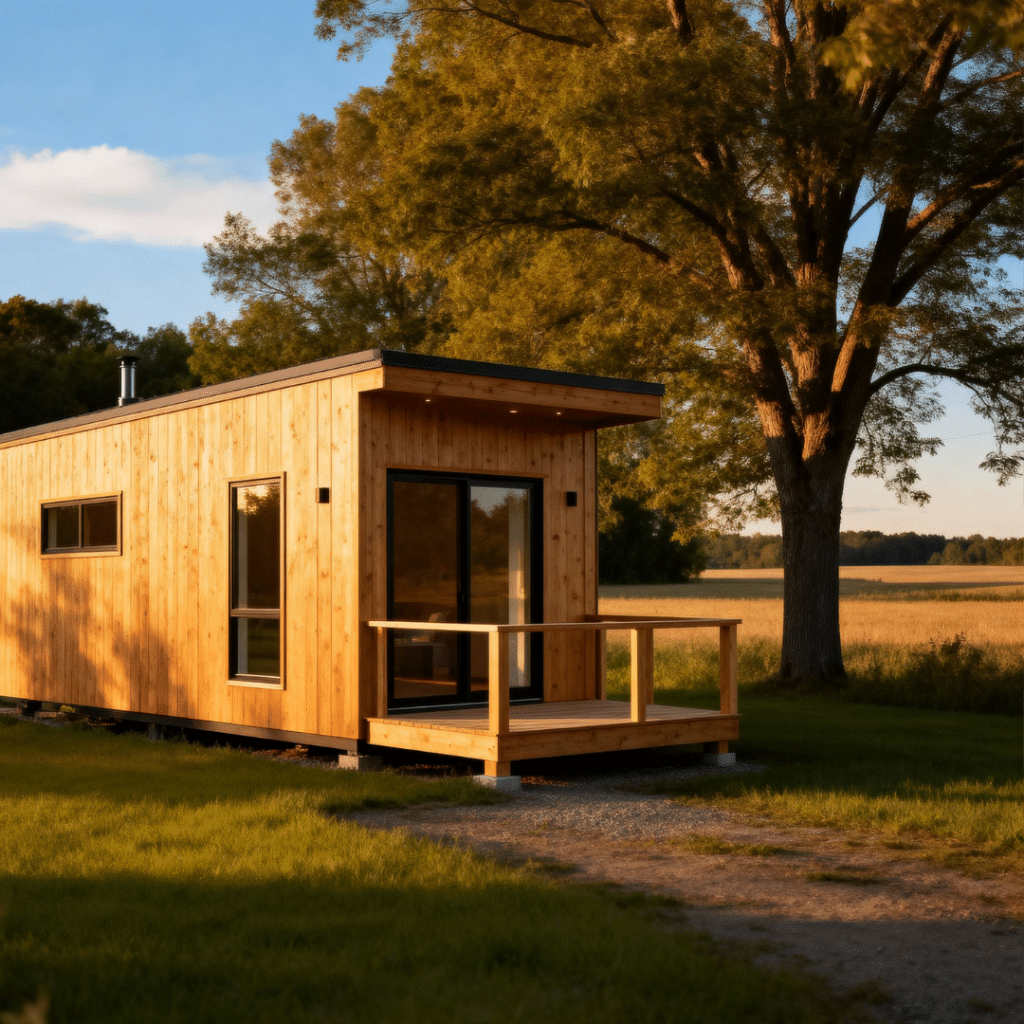 Small cabin-style prefab home in Scugog, Ontario, with wood siding, modern windows, and a porch surrounded by trees and open countryside under a warm blue sky.
