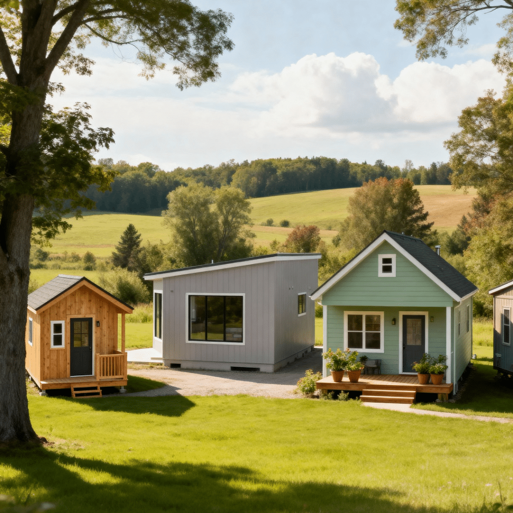 Photo collage showing four prefab home types in Scugog, Ontario — tiny cabin, modular home, seasonal cottage, and resale prefab, set in a bright countryside landscape.