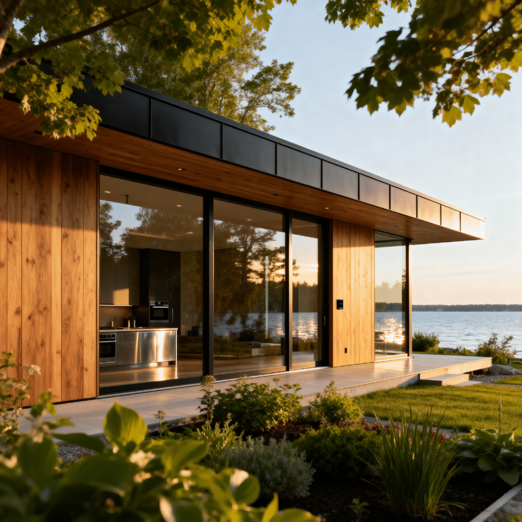Sleek, energy-efficient modern prefab home exterior in Innisfil, Ontario — built by My Own Cottage with flat roof, glass walls, and sustainable materials.