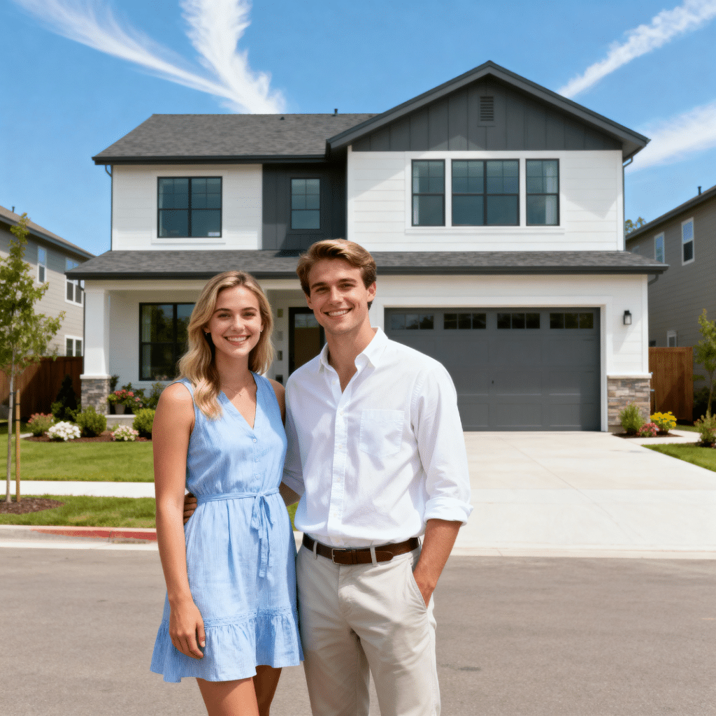 Young couple smiling in front of a modern affordable prefab home with garage in Scugog, Ontario — a stylish suburban home symbolizing attainable homeownership in 2025.