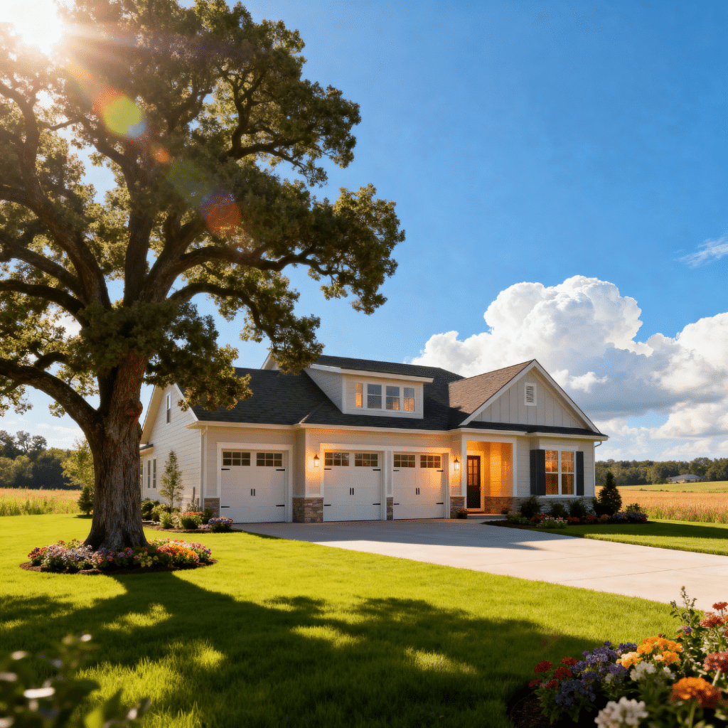 Affordable high-quality prefab home with a garage in rural Halton Hills, built by My Own Cottage, shown on a bright summer day.