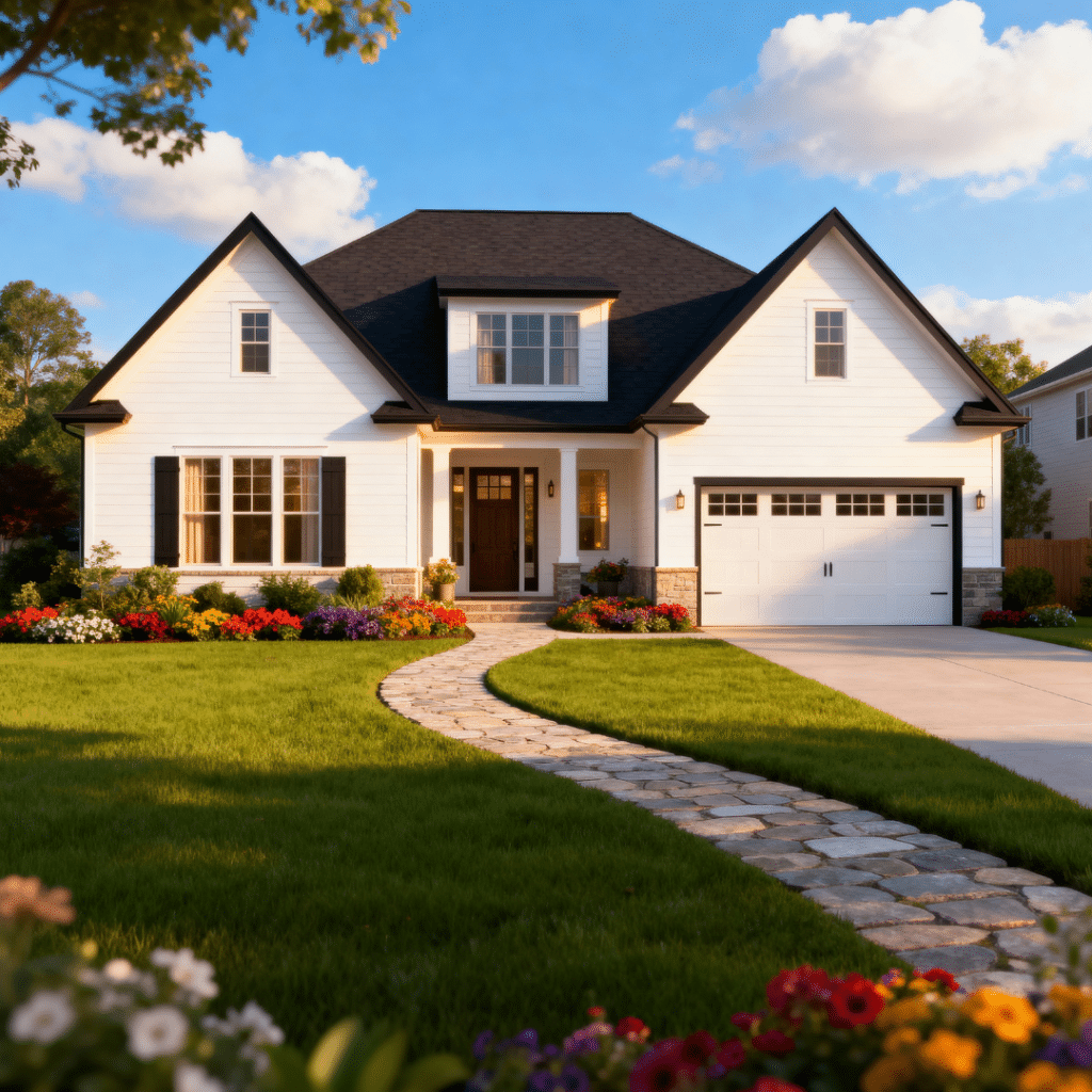 Affordable modern prefab home with a garage by My Own Cottage in a peaceful summertime Gravenhurst, Ontario setting under clear blue skies.