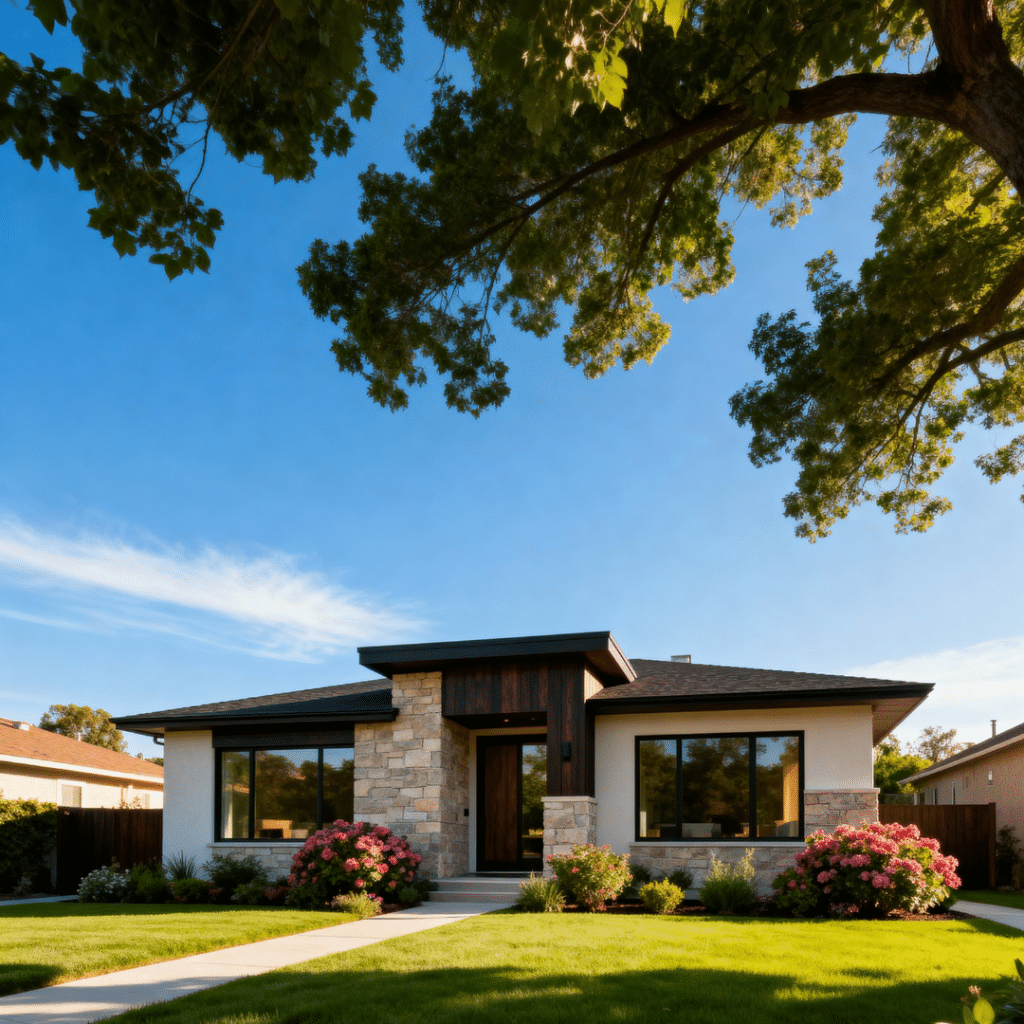 A modern and affordable prefab bungalow home in Orillia, Ontario by My Own Cottage, shown in a peaceful suburban summer setting with blue skies — illustrating how prefab construction saves time and money through efficient, factory-built precision.