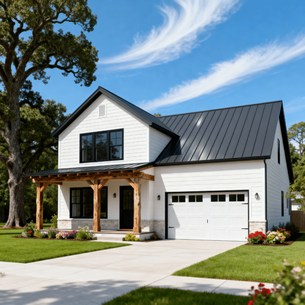Affordable modern prefab home with a garage in a quiet Aurora, Ontario suburb, shown in a bright summer setting with clear blue skies, featured in the Prefab Homes Aurora FAQ.