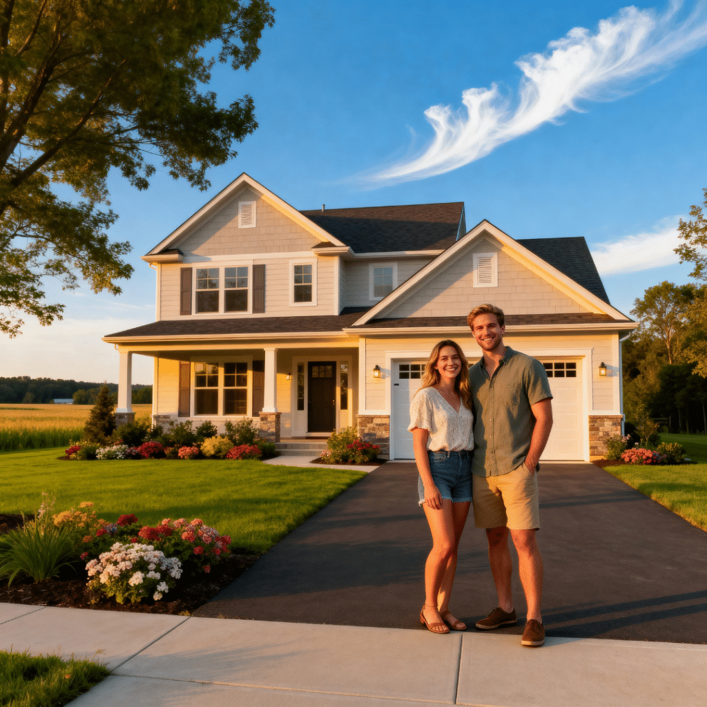 A beautiful, affordable prefab home with a garage in the Huronia region near Orillia, Ontario, built by My Own Cottage — representing budget-friendly prefab financing and first-time buyer incentives in a sunny suburban summer setting.