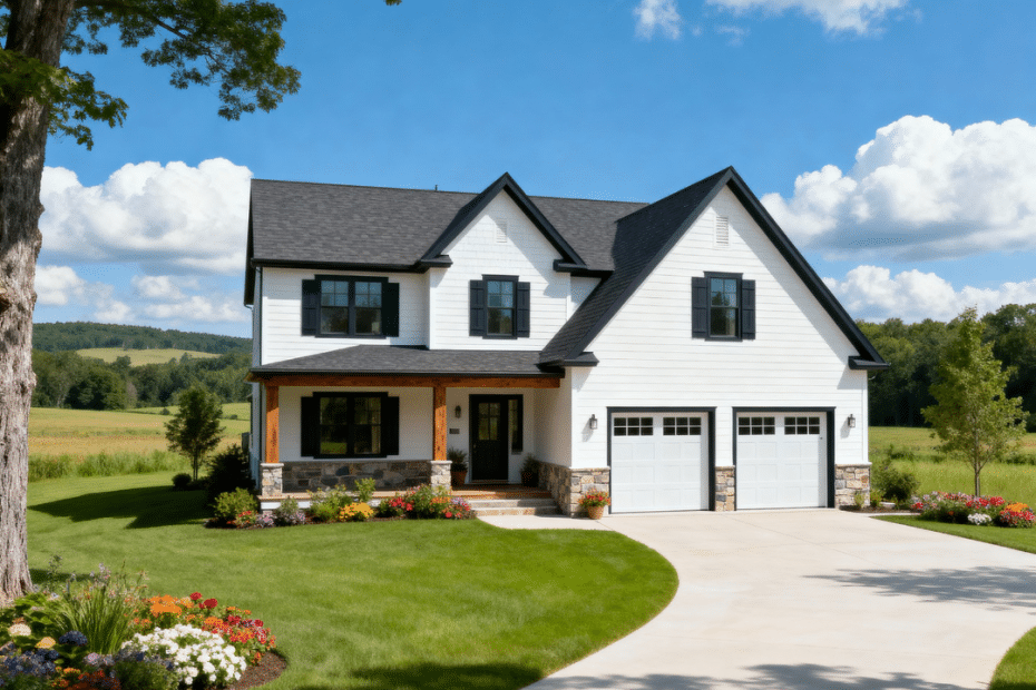 Beautiful affordable prefab home with garage built by My Own Cottage, set in a peaceful rural Halton Hills summer landscape under blue skies.