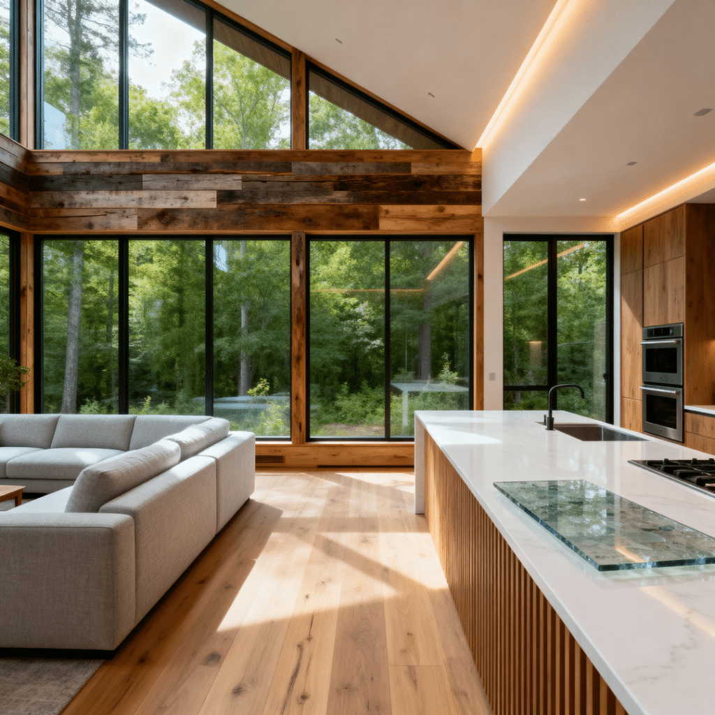 A bright, affordable prefab home interior in Orillia, Ontario by My Own Cottage, featuring a warm Scandinavian-style design with sustainable materials, energy-efficient windows, and open-concept living that reflects modern affordability and smart Ontario craftsmanship.