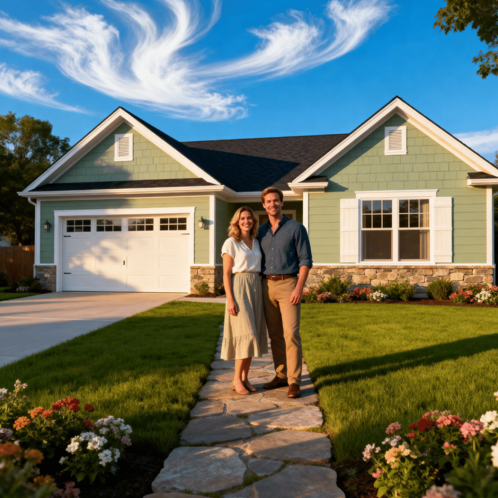 A beautiful, stylish, and affordable prefab home with a garage in rural Orillia, Ontario by My Own Cottage. The smiling homeowners stand outside on a sunny summer day — showcasing energy efficiency, transparent fixed pricing, and Ontario-certified quality.