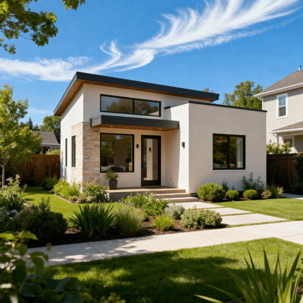 Affordable prefab ADU for rent in Caledon Ontario, shown in a peaceful suburban setting with clear skies.