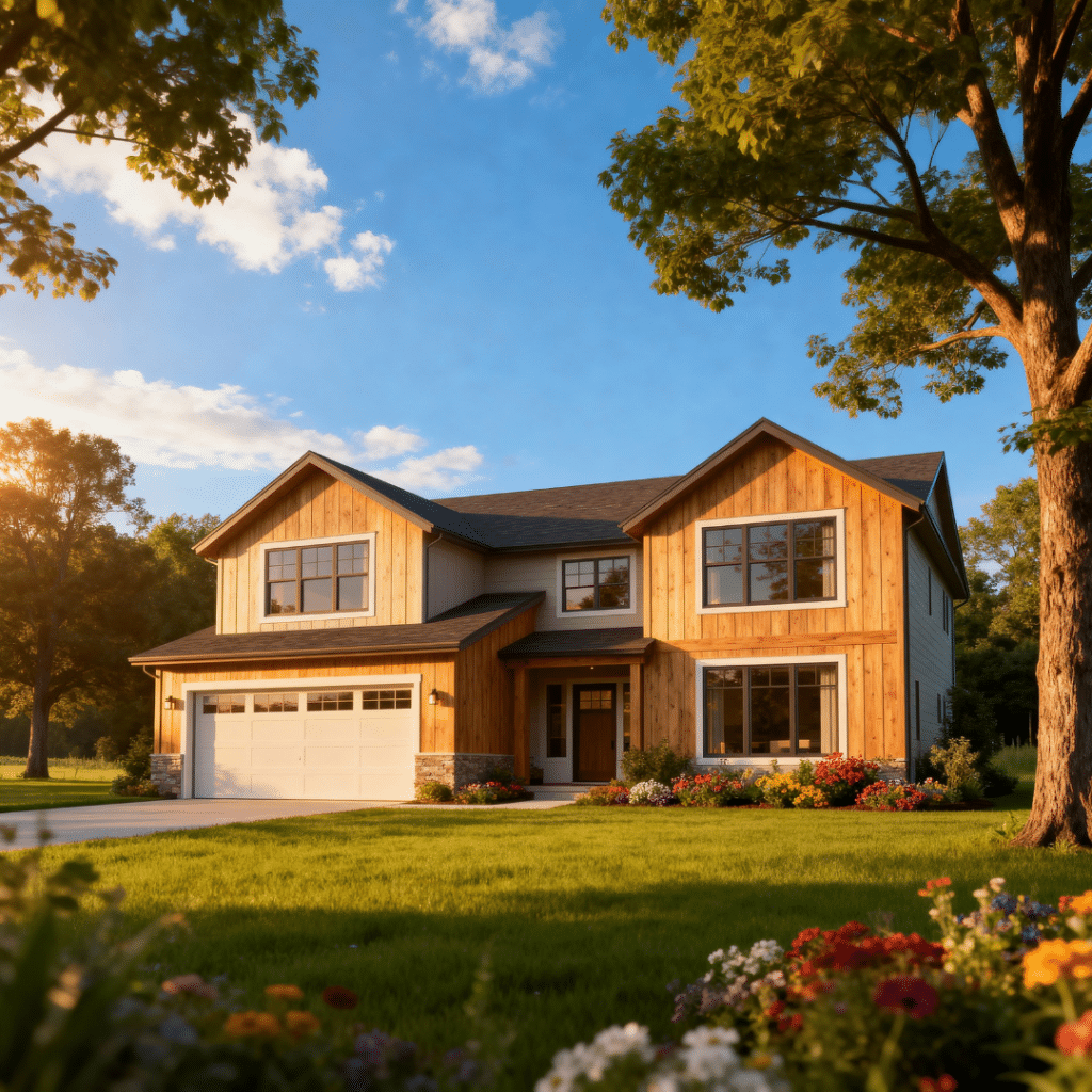 Affordable prefab home for sale in Caledon Ontario with garage, shown in a peaceful suburban summertime setting.