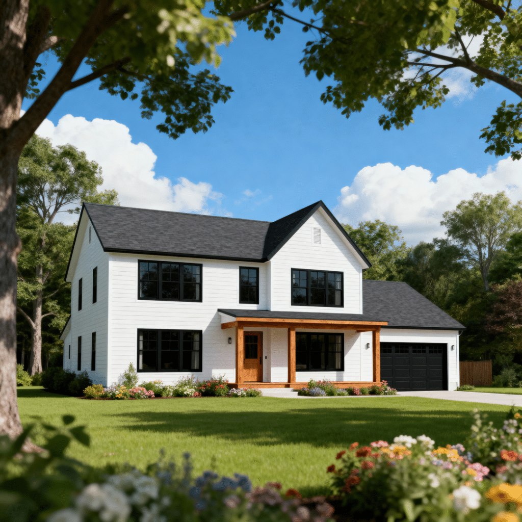 Affordable prefab home in Caledon Ontario with garage by My Own Cottage, shown in a peaceful rural spring setting under blue skies.