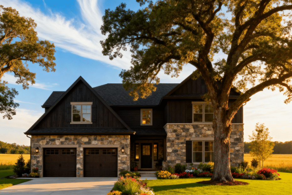 Affordable prefab home in Caledon Ontario with attached garage by My Own Cottage, shown in a peaceful rural summertime setting with blue skies.