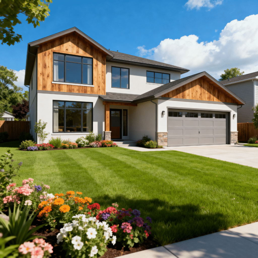 Affordable prefab homes Caledon prices shown through a stylish suburban prefab home with garage in Caledon, Ontario under clear blue skies.