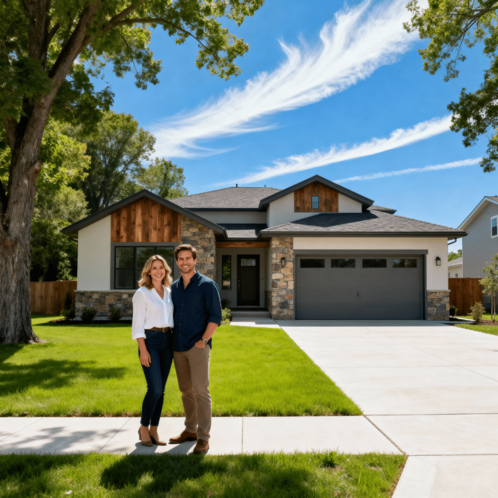 Affordable prefab home in Caledon Ontario with garage by My Own Cottage, shown in a peaceful rural summertime setting with smiling homeowners in front of the home.