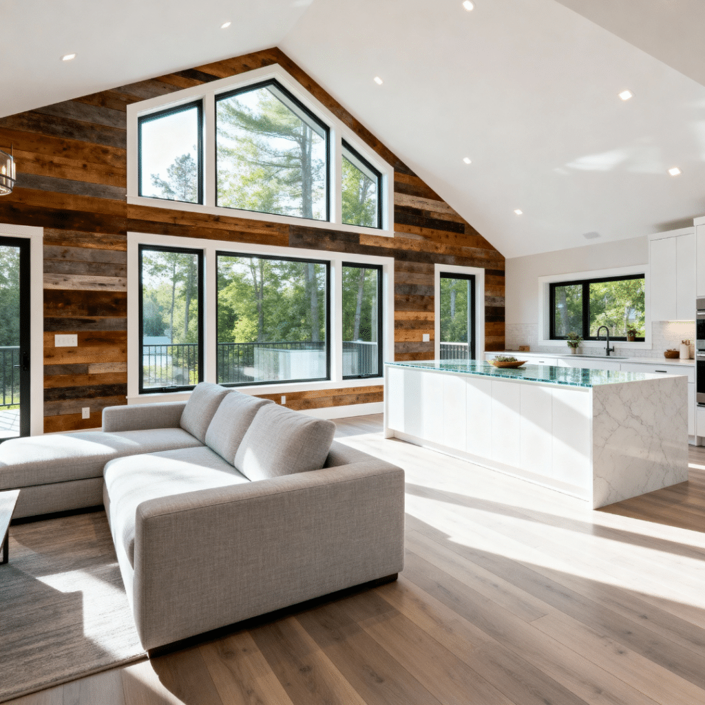 Bright modern interior of an affordable prefab home in Halton Hills with vaulted ceilings, floor-to-ceiling windows, and sustainable Scandinavian-style design by My Own Cottage.