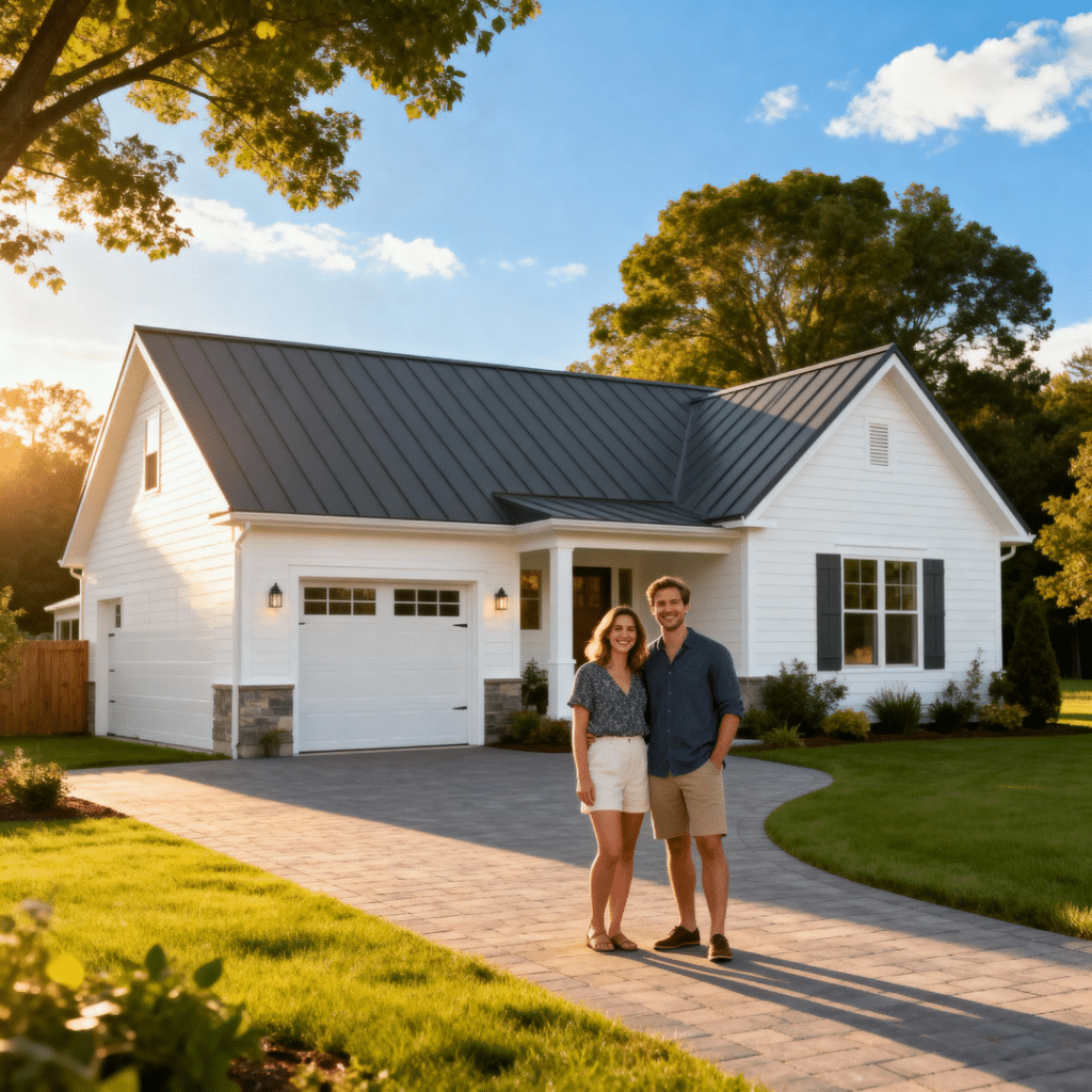 Affordable prefab home with garage in Halton Hills, Ontario by My Own Cottage — smiling homeowners showcase smart, sustainable living.