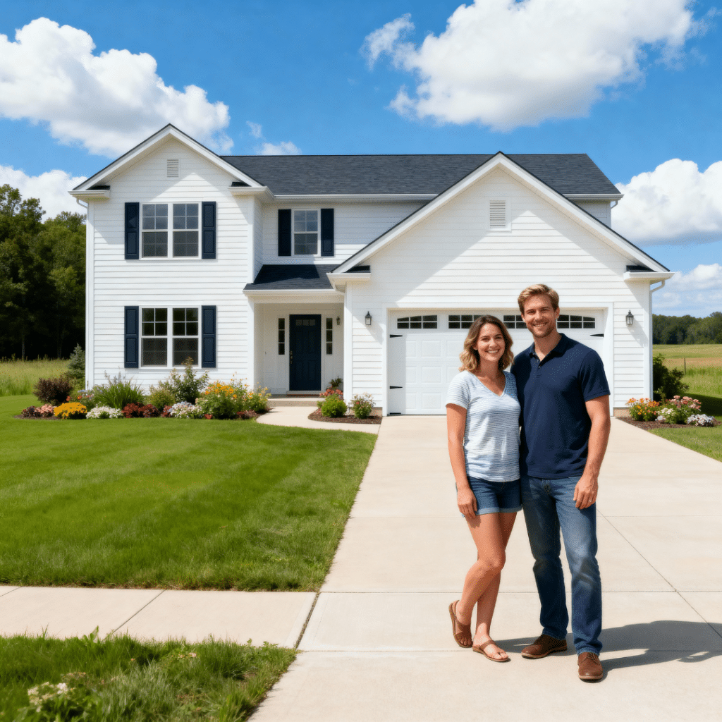 Affordable prefab home in Halton Hills by My Own Cottage with garage and happy Ontario homeowners smiling in front