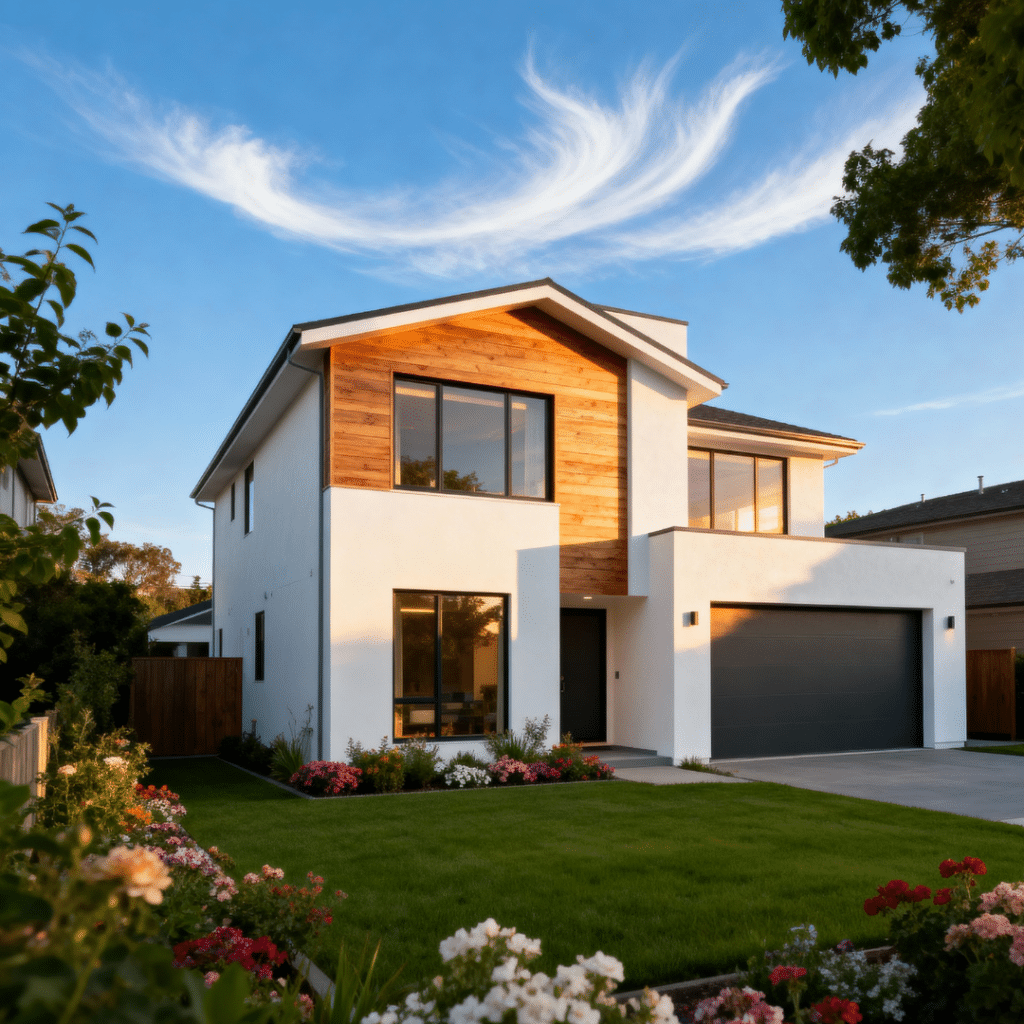 Stylish affordable prefab home by My Own Cottage in a peaceful suburban Halton Hills summer setting under clear blue skies.