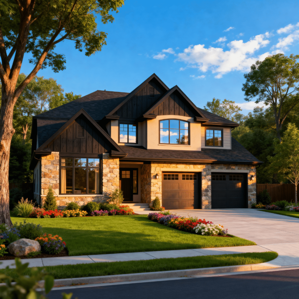 Stylish luxury prefab home with a garage in springtime Halton Hills, built by My Own Cottage, showcasing premium materials and modern design features.