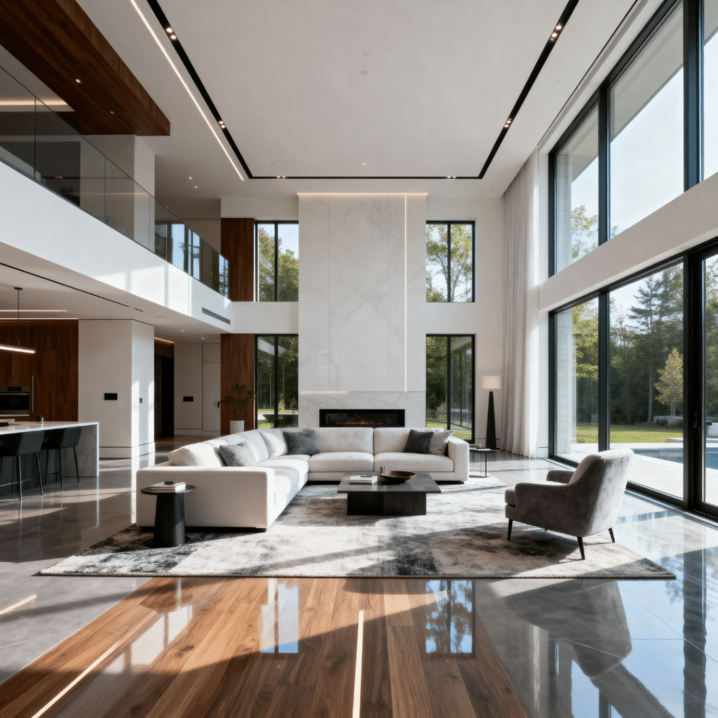 Modern luxury prefab home interior in Caledon by My Own Cottage with oversized windows, bright open-concept layout, and premium contemporary finishes.