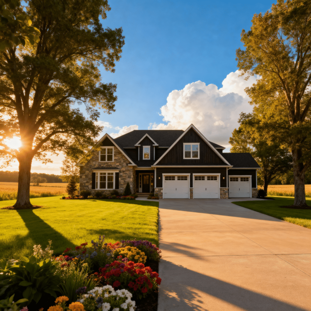 Modern prefab home with a garage in rural Halton Hills, Ontario, highlighting why My Own Cottage leads local prefab builders in design, speed, and quality.