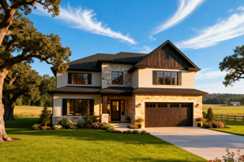 Modern prefab home with garage by My Own Cottage in Halton Hills, showcasing the best prefab homes in a peaceful rural summer setting.
