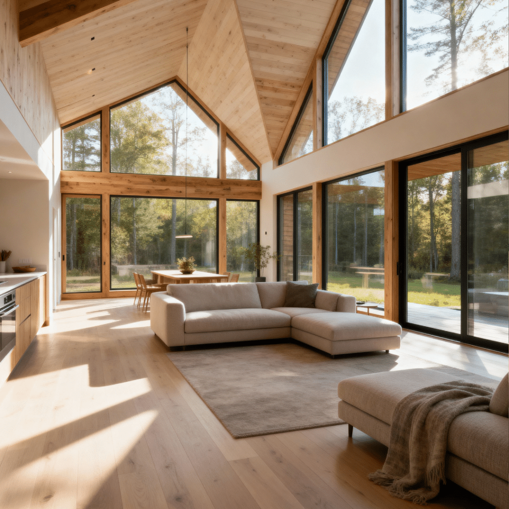 Bright modern prefab home interior in Halton Hills with vaulted ceilings, energy-efficient windows, and Scandinavian-style design by My Own Cottage.
