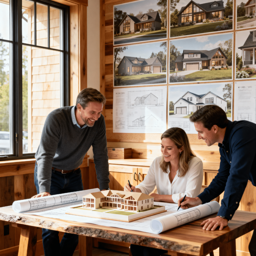 My Own Cottage design team reviewing plans in their Halton Hills, Ontario studio, showcasing the craftsmanship and quality behind the best prefab homes.