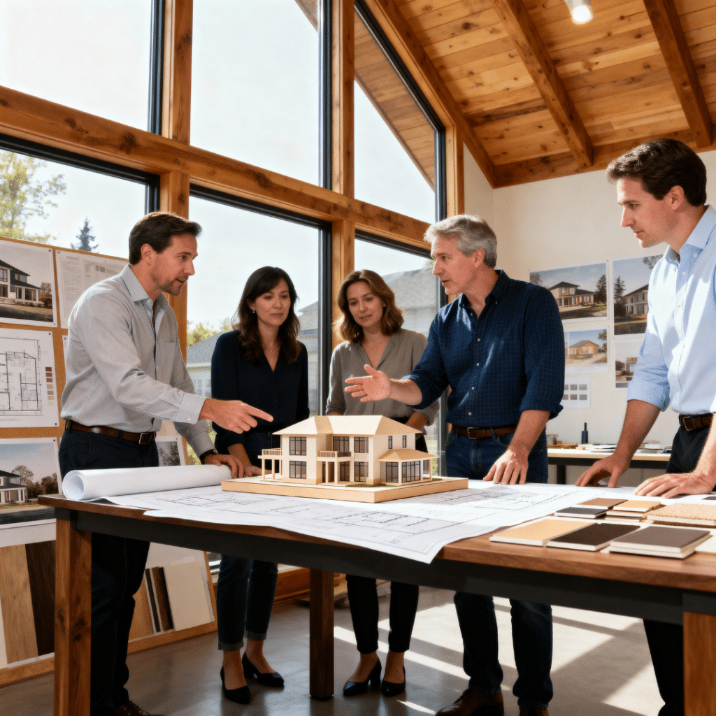 My Own Cottage design team in Halton Hills, Ontario reviewing prefab home blueprints — collaborative, precise, and Ontario-crafted.