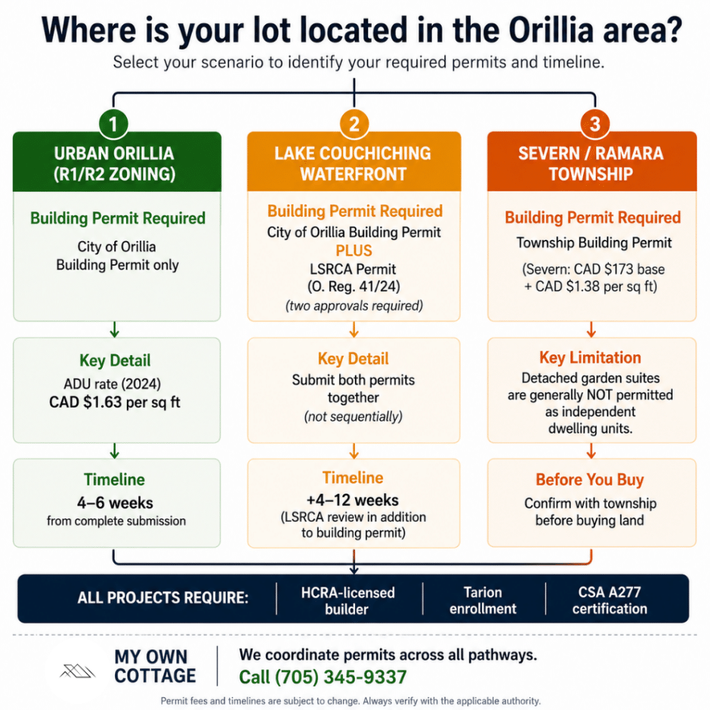 Building permit pathways for small prefab homes in Orillia Ontario — urban lot vs Lake Couchiching waterfront vs Severn Ramara rural township permit requirements decision tree